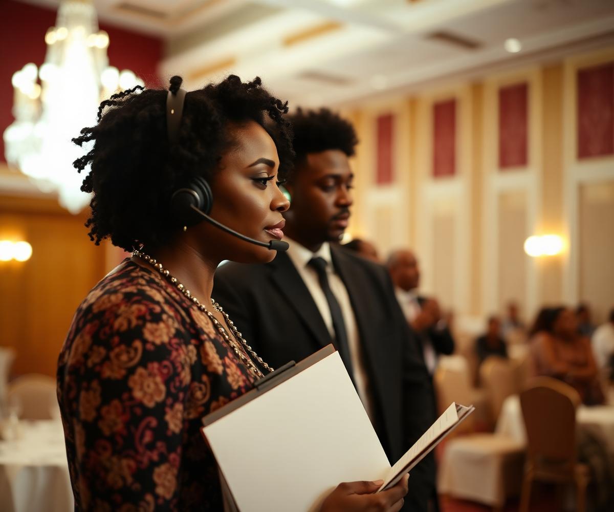 Asey Meloy coordinator directing event setup in a ballroom