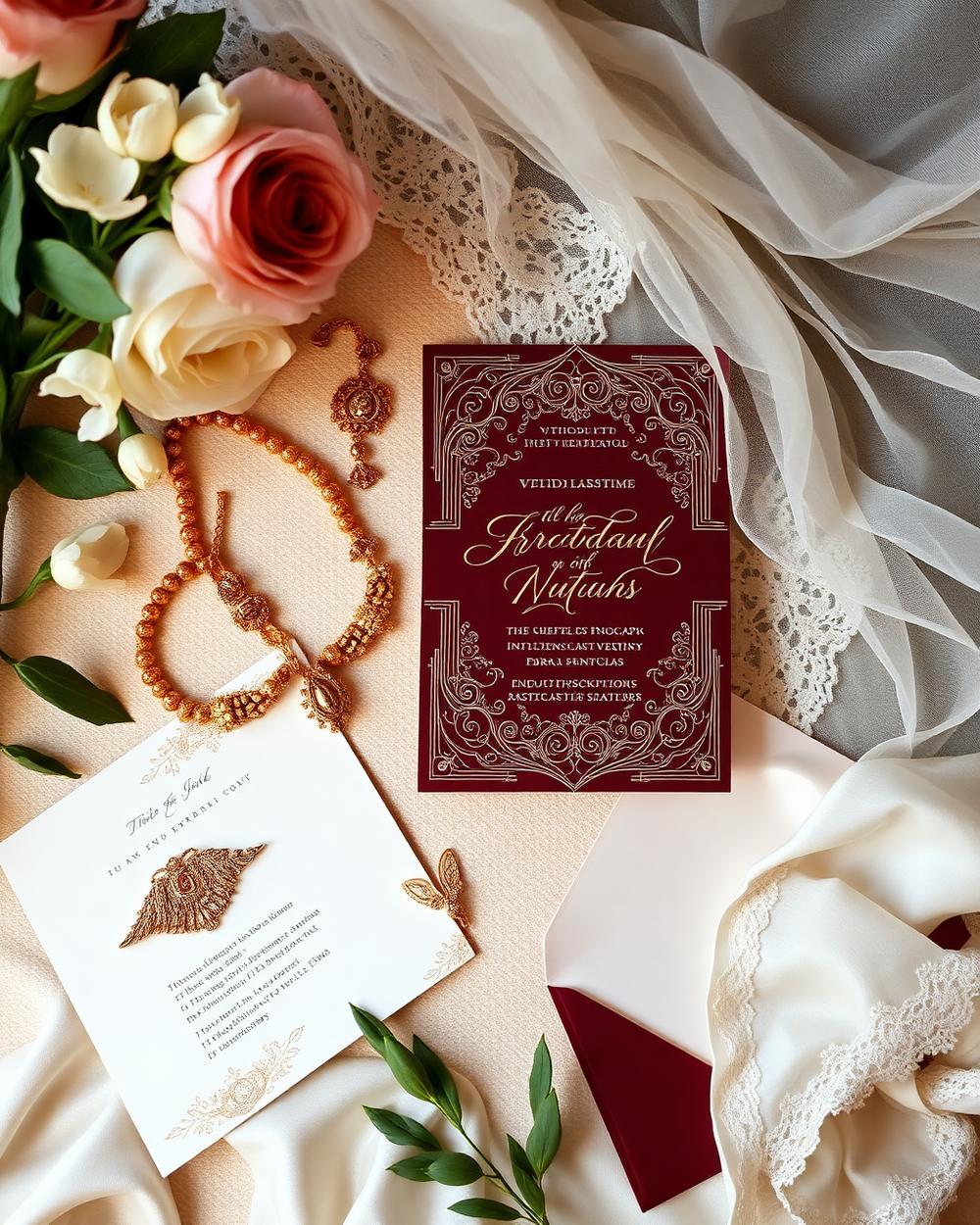 Bridal details including gold jewellery and a burgundy invitation suite
