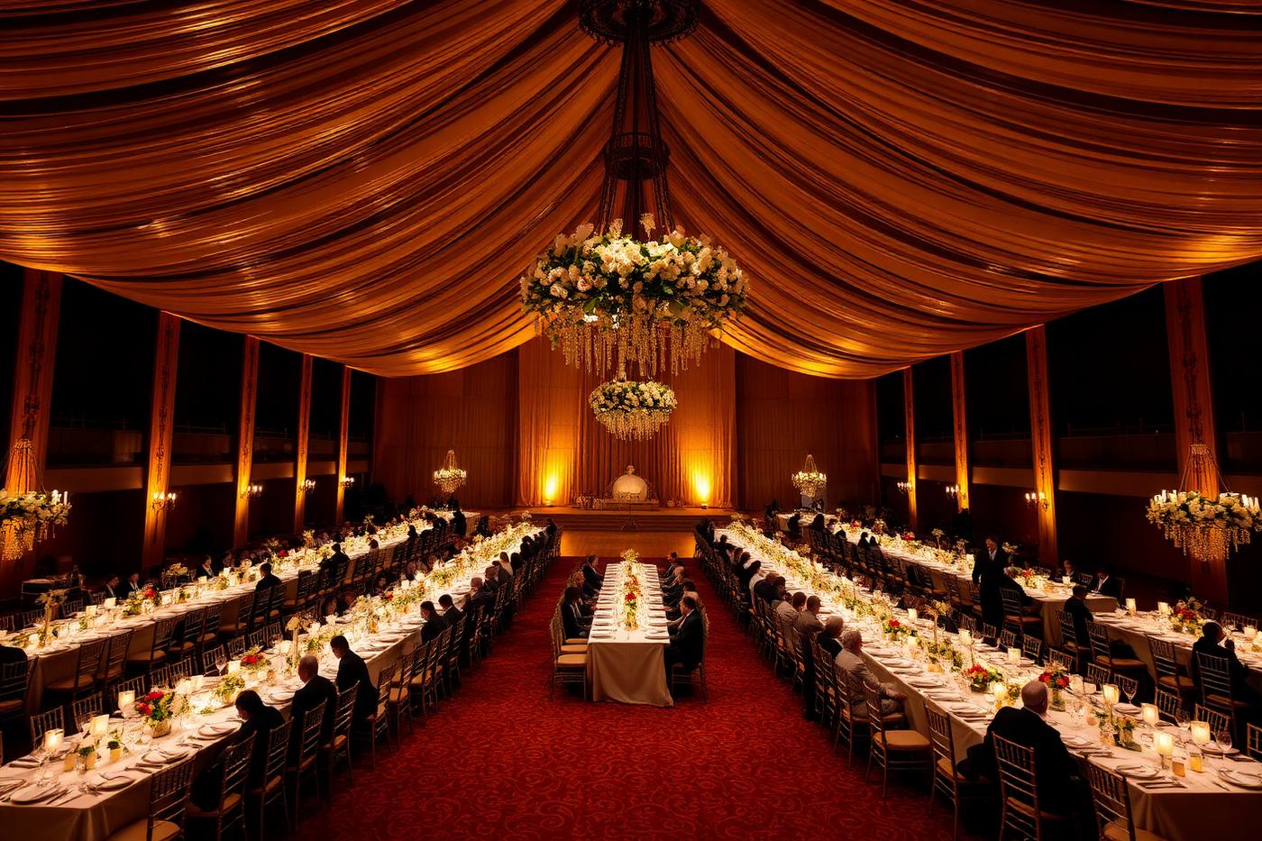 Elegant wedding reception hall with gold lighting and florals