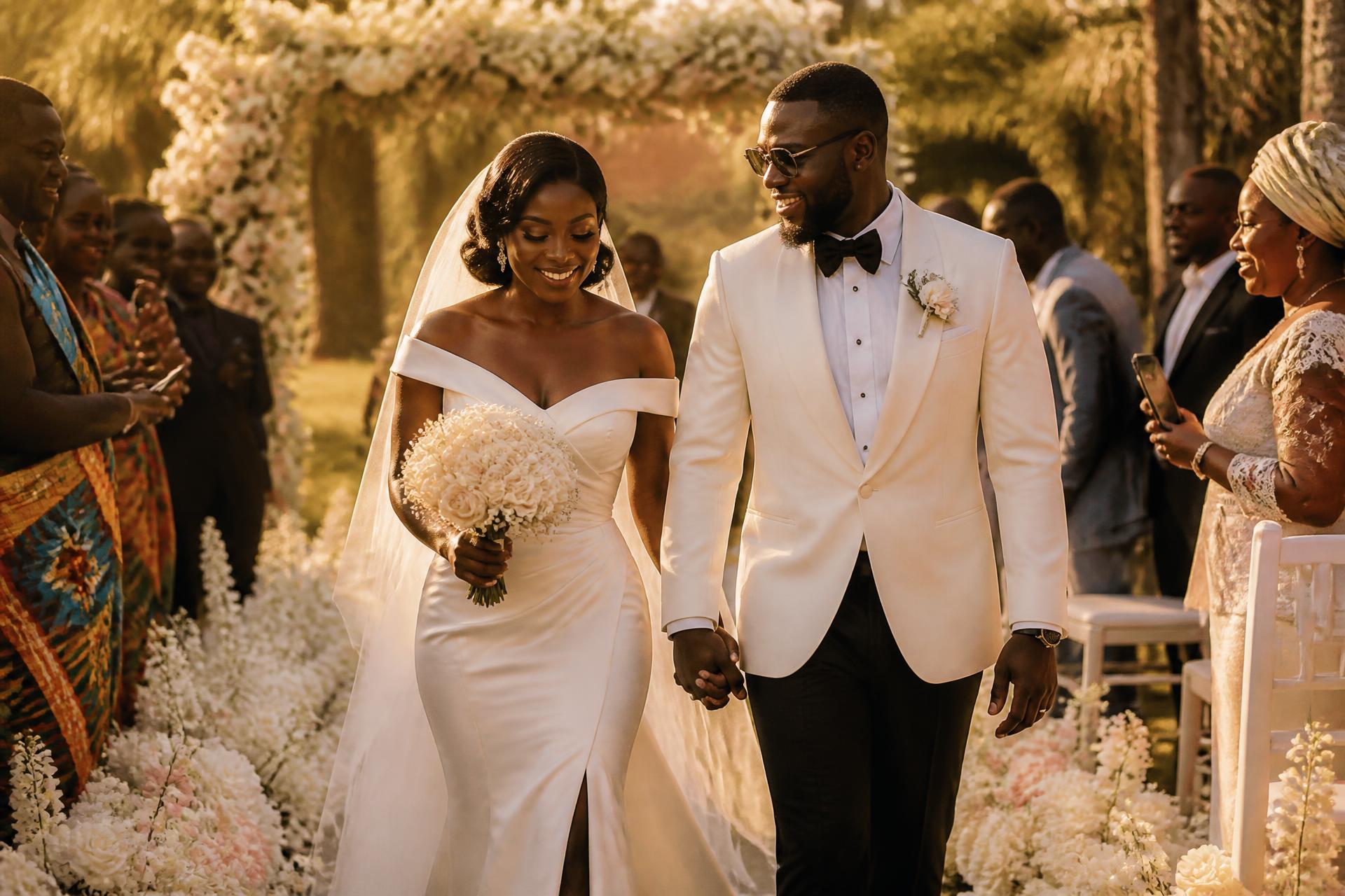 Ghanaian couple walking down a floral aisle at their wedding ceremony